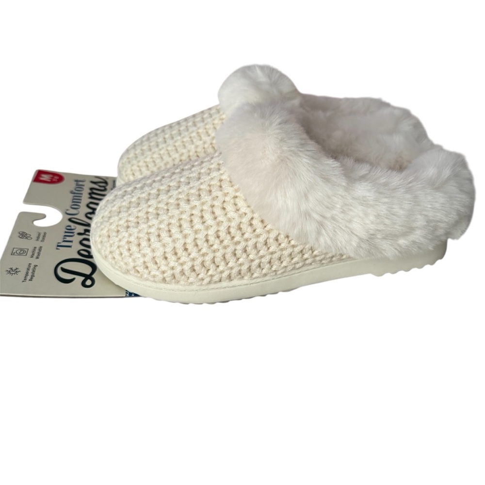NWT Dearfoams True Comfort Cream Knit Slippers/ House Shoe Faux Fur Sz M (7-8)